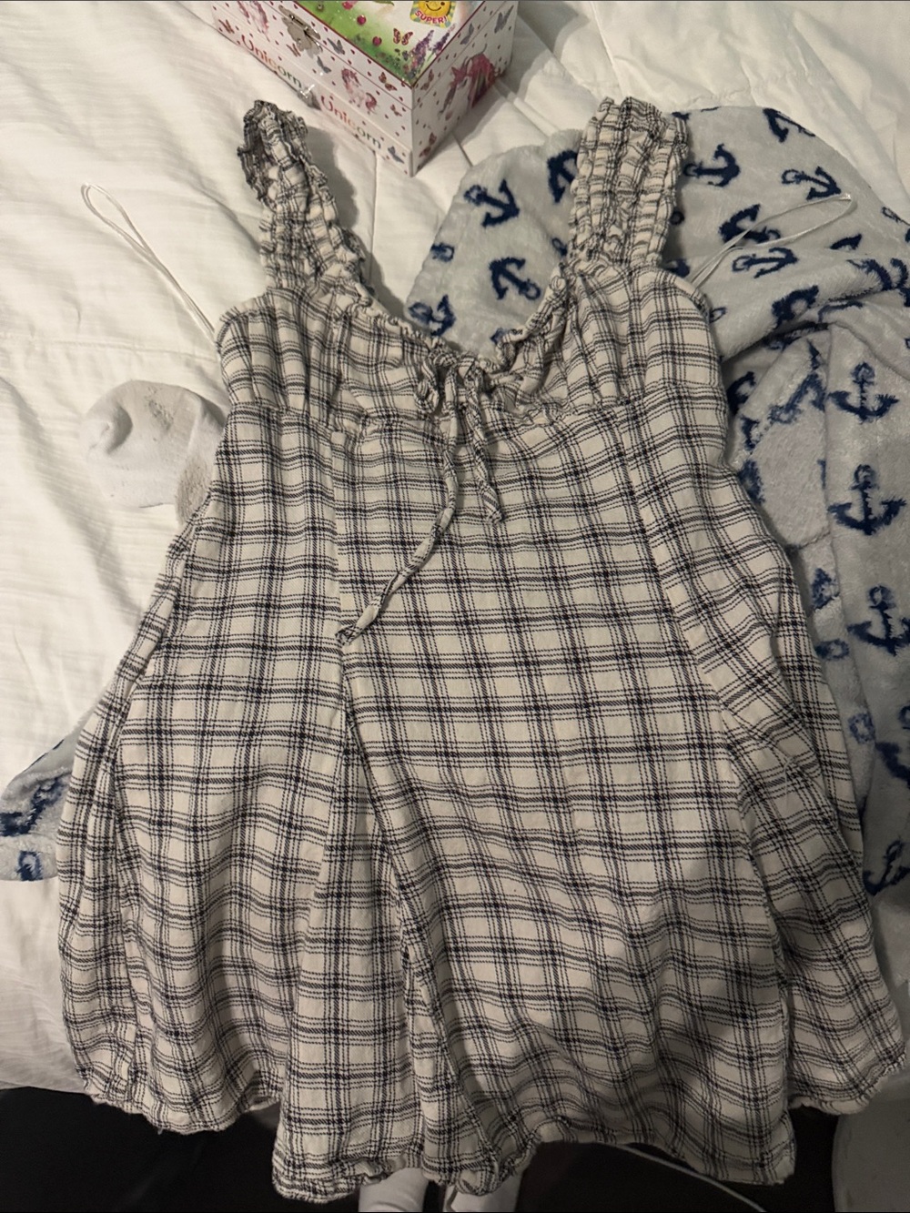 Sincerely Jules Cream & Black Plaid Ruffle-Shoulder Dress